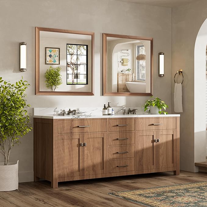 36x36 Inch Bathroom Mirror for Wall, Anti-Rust Walnut Wood Grain Metal Framed - Image 3