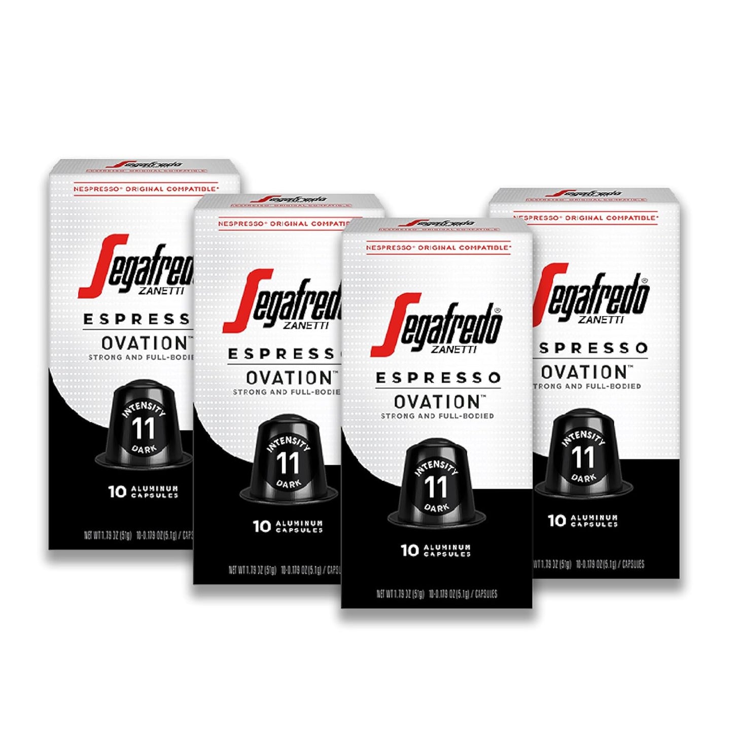 Segafredo Zanetti Espresso Capsules – Aluminum Pods for Nespresso Original Machines – Dark Roast Premium Espresso with a Full-Bodied Aroma – Strong, Intensity 11 – Ovation, 10 Count (Pack of 4)