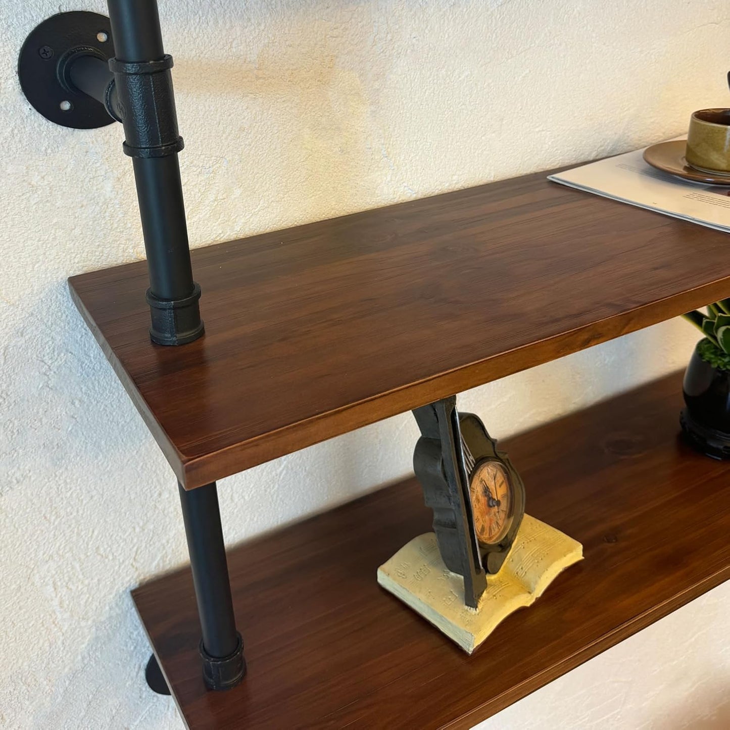 ROGMARS Industrial Pipe Wall Shelves Pipe Shelving with Real Wood Plank,70 Inches Floating Shelves for Wall Farmhouse Pipe Book Shelves Dark Brown 3Tier for Kitchen,Living Room Decor and Bar Shelving