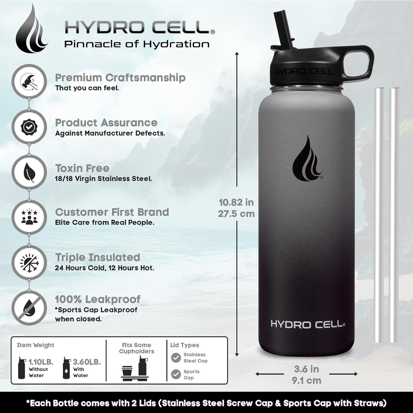 HYDRO CELL Stainless Steel Insulated Water Bottle with Straw - For Cold & Hot Drinks - Metal Vacuum Flask with Screw Cap and Modern Leakproof Sport Thermos for Adults (Graphite/Black 40oz)