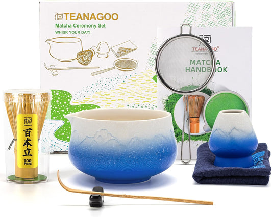 TEANAGOO 7 Pcs Matcha Whisk Set,Blue Matcha Set, Ceremony Matcha Powder Kit,Matcha Tea Set for Making Latte,Matcha Whisk Set and Bowl with Scoop&Sifter,Fuji Design Ceramic Bowl,Gift for Matcha Lovers