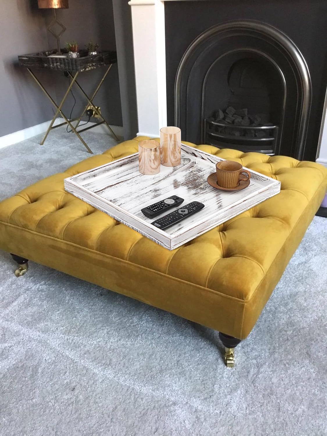 Extra Large Square Ottoman Table Tray 20" - Rustic Wooden Serving Tray for Farmhouse Decorative Oversized Coffee Table Trays Living Room Kitchen Counter Breakfast White