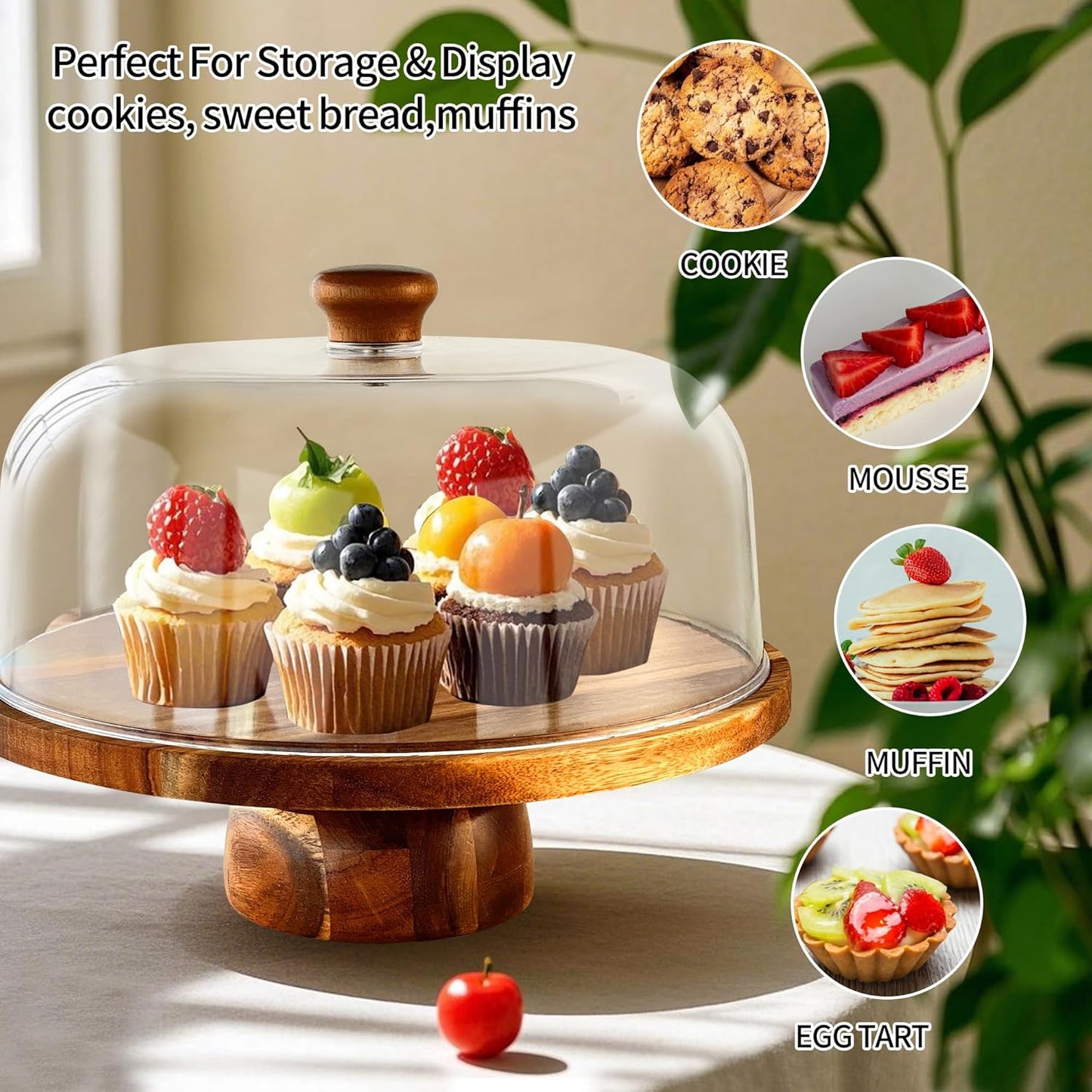 Wood-Cake-Stand With Acrylic Dome Lid, Round Wooden Cake Holder Plate With Cover, 2-in-1 Dessert Table Display Set For Party, Charcuterie Board For Cheese, Chips & Dips, Nachos, Fruit Platter
