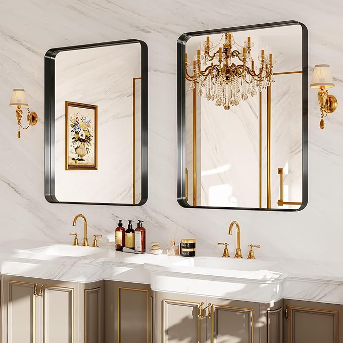 Bathroom Mirror for Wall, 30x22 Inch Rectangle Mirror, Matte Black Metal Framed - Image 8