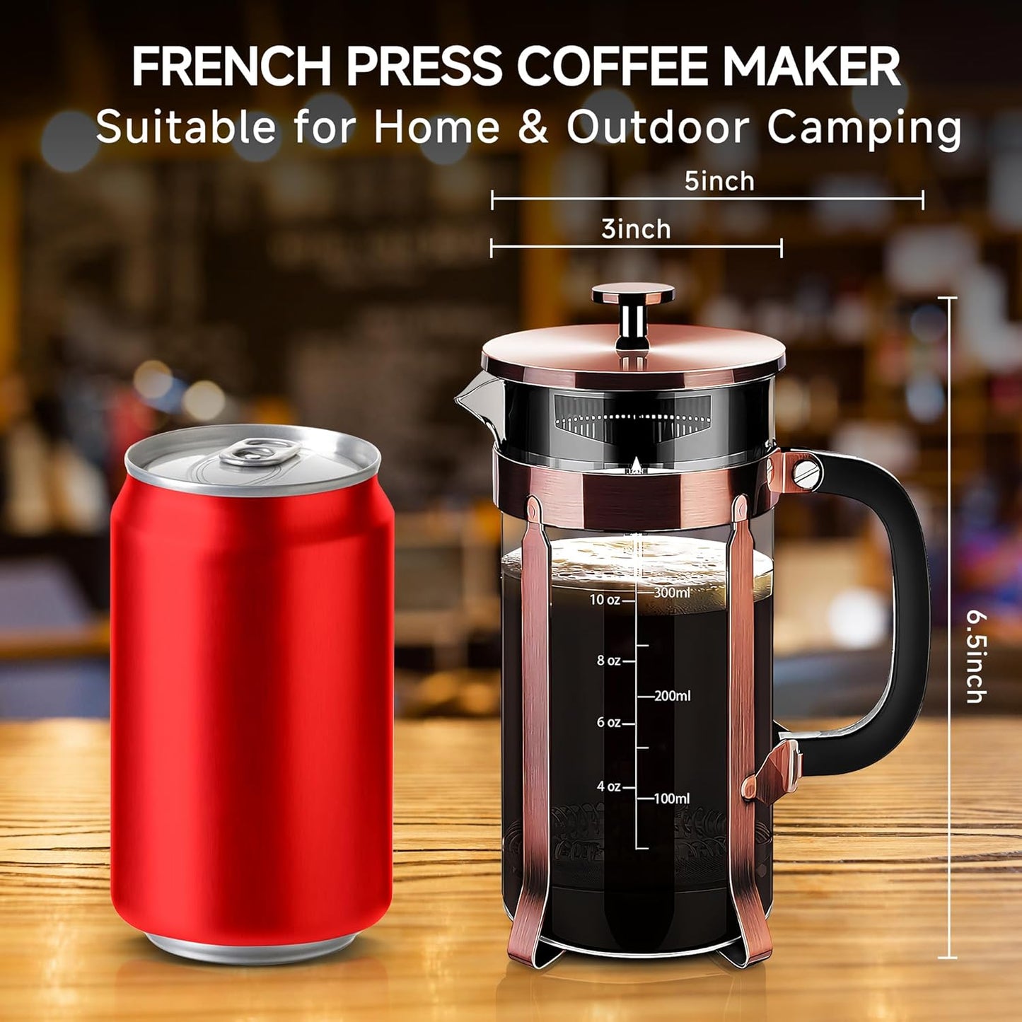 French Press Coffee Maker 304 Stainless Steel Coffee Press,with 4 Filters System, Heat Resistant Thickness Borosilicate French Press Glass, BPA-Free Brewed Tea Pot Coffee Plunger(Copper 12oz)