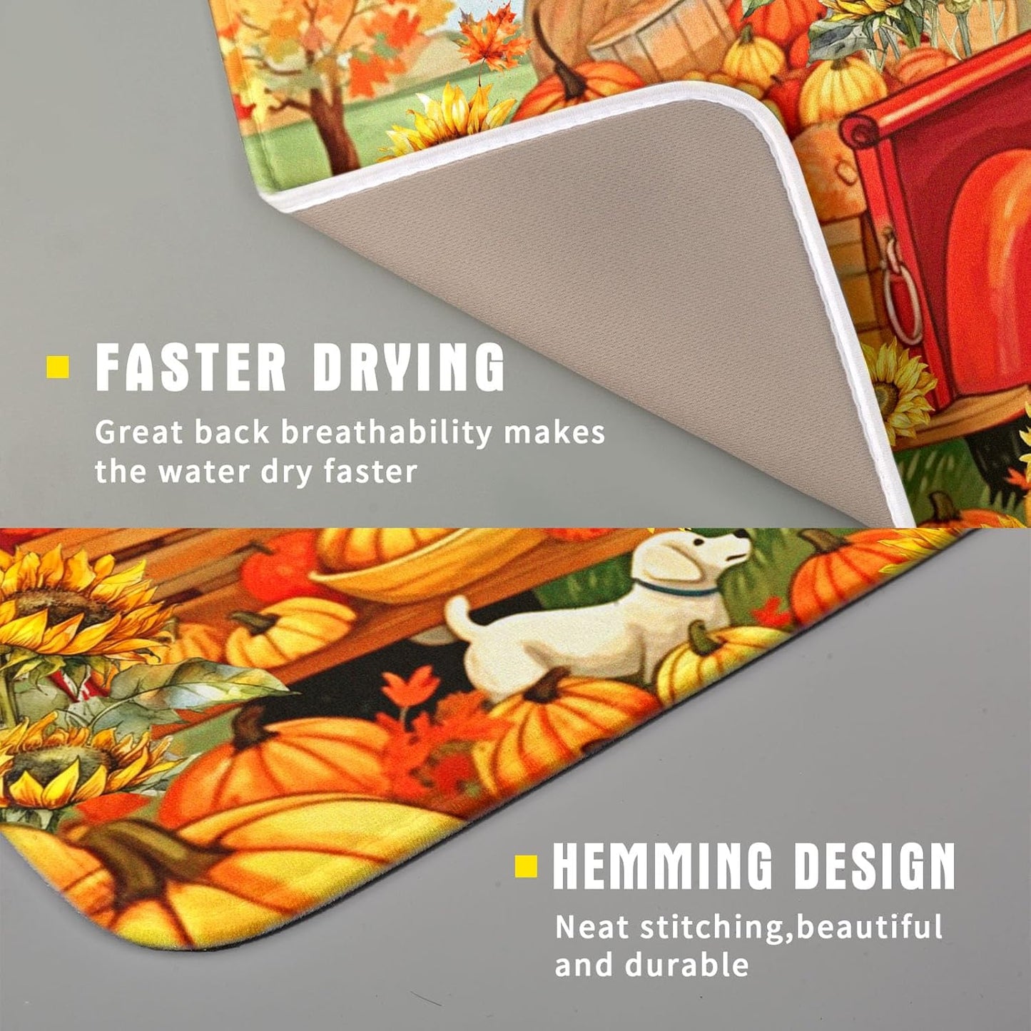 Autumn Pumpkin Red Truck Dish Drying Mat for Kitchen Counter,Fall Leaves Sunflower Cue Dog Harvest Drying Mat 16 x 18 Inch Microfiber Dish Drying Pad Dish Rack Drainer Mat for Coffee Bar