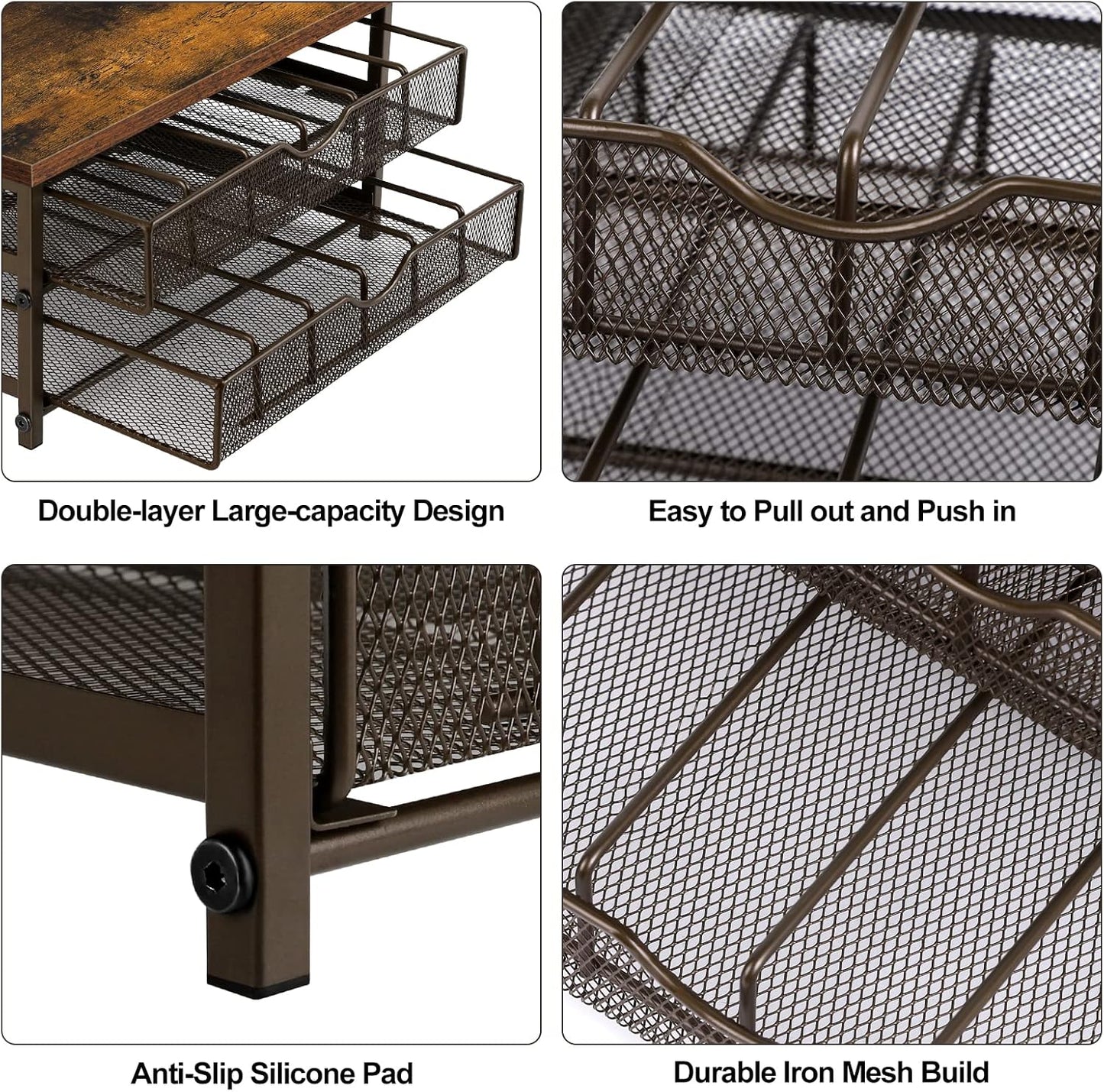 Coffee Pod Drawer Holder Coffee Pod Storage Organizer for Counter 2 Tier Coffee Pod Holder 72 Capacity Capsule Storage Rack with Sliding Baskets for Home Office (Brown)