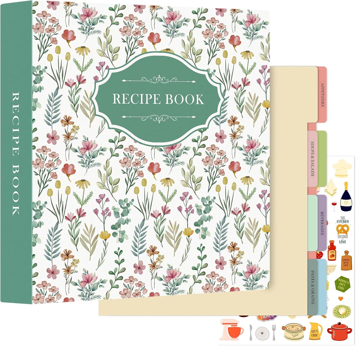 Lanpn Recipe Binder 8.5x11 3 Ring Kit, Blank Organizer Recipe Binder Waterproof Cookbook to Write in Your Own Recipes with 60 Plastic Sleeves,116 Recipes, Dividers,Labels & Stickers, Green