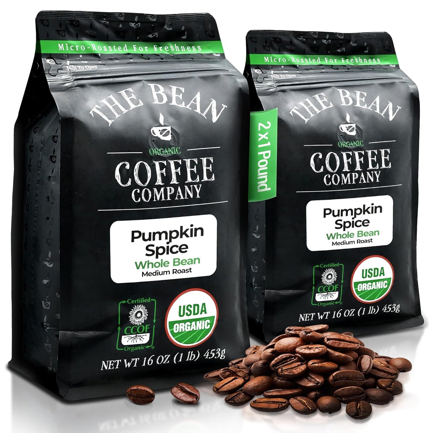 The Bean Organic Coffee Company Pumpkin Spice, Medium Roast, Whole Bean Coffee, 16-Ounce Bags (Pack of 2)
