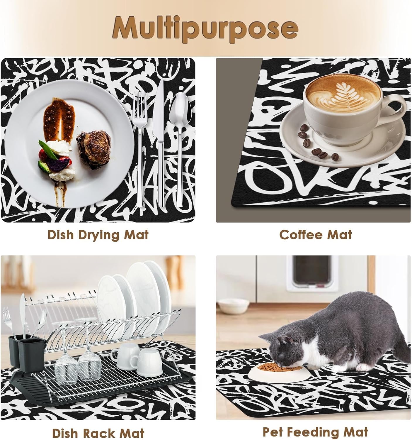 Arttown Coffee Mat for Countertops, Graffiti Abstract Letters Old School Black Dish Drying Mat 2 Pcs for Kitchen Bar Accessories, Coffee Maker Espresso Machine Dish Rack Hide Stain Rubber 12x19in