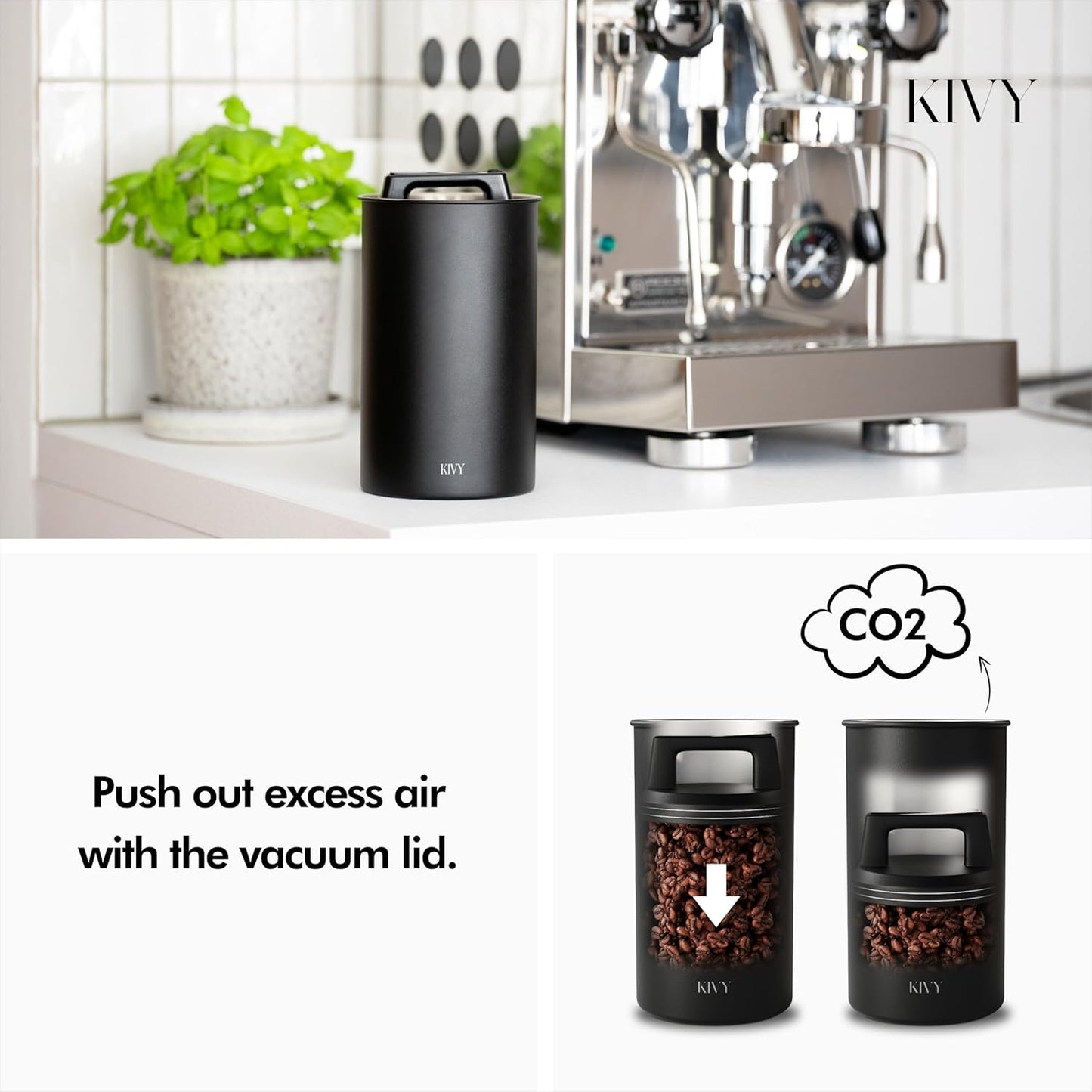 KIVY Vacuum Coffee Canister - Push Lid Preserves Coffee Aroma & Oil - Stainless Steel Airtight Coffee Canister - Container for Ground & Coffee Bean Storage - Removes Excess Air