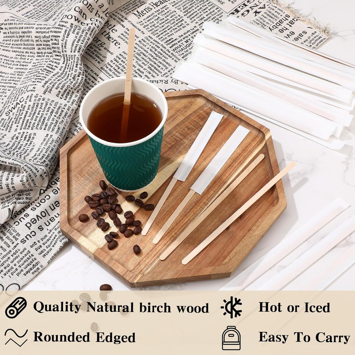 3000 Pcs Individually Wrapped Wooden Coffee Stirrers, Disposable Coffee Stir Sticks Round End Sticks Bulk Wood Stirrers for Cocktail Hot Drinks Restaurant Bar Home Office (7.5 Inch)