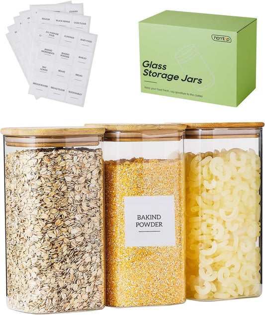 Glass Food Storage Containers with Lids, 50 Oz High Borosilicate Glass Jars for Coffee Bean, Candy, Cookie, Flour, Square