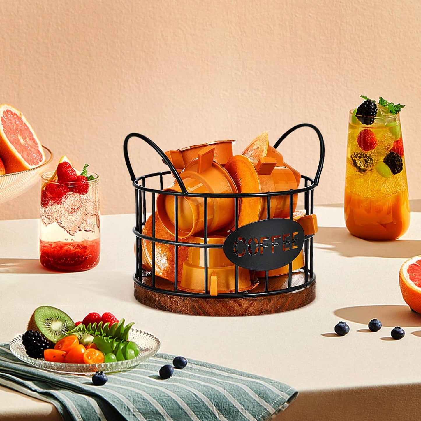 Kichvoe Coffee Pod Holder - Black Wire Coffee Capsule Basket with Wooden Base and Handles - Compact Station Organizer for Countertop - Multi-Functional Bar Accessory