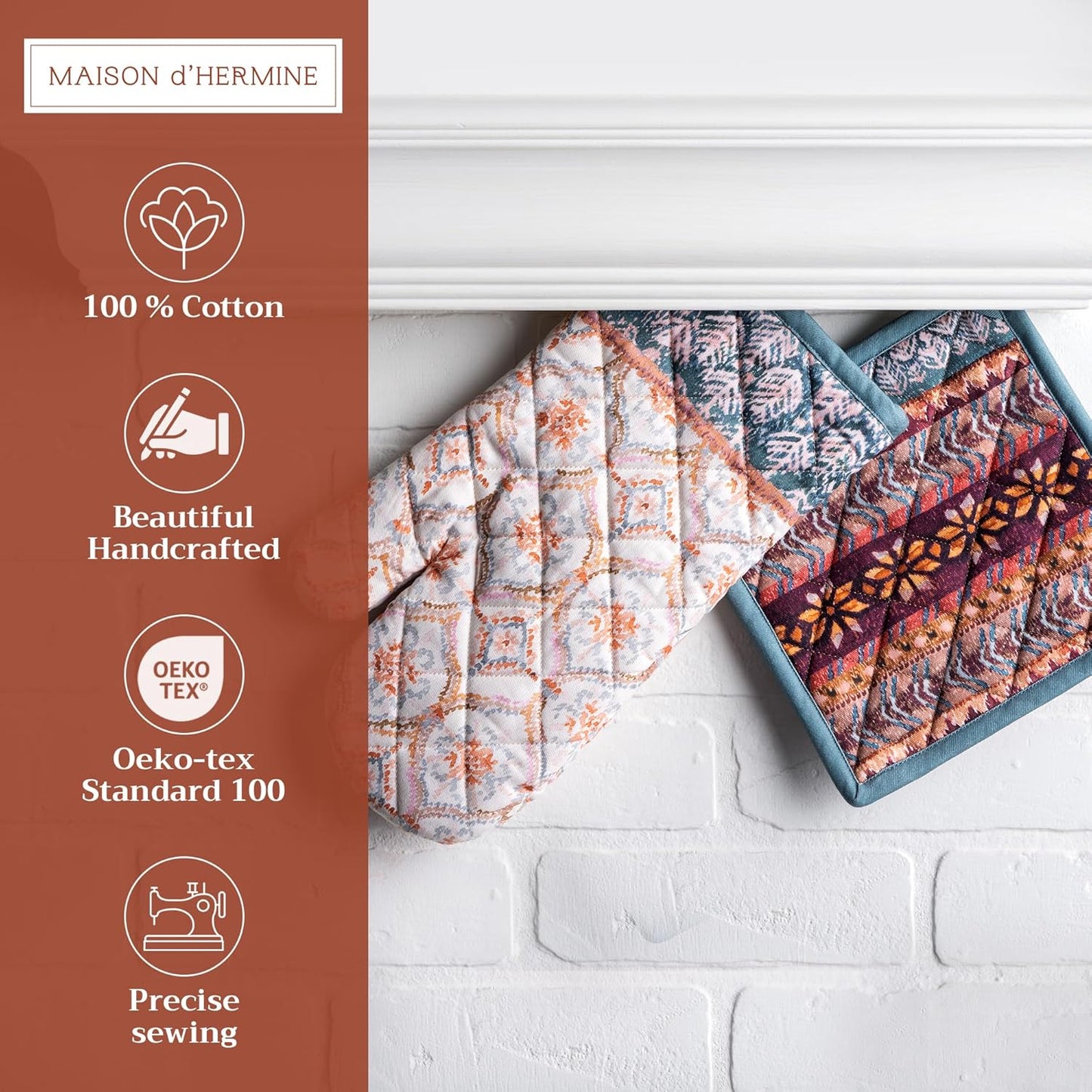 Maison d' Hermine 100% Cotton Oven Mitt & Pot Holder Set (7.5"x13" & 8"x8") Heat Resistant BBQ Cooking Gloves with Loop, Baking, Grilling, Kitchen, Handling Hot Pans (Fair Isle)