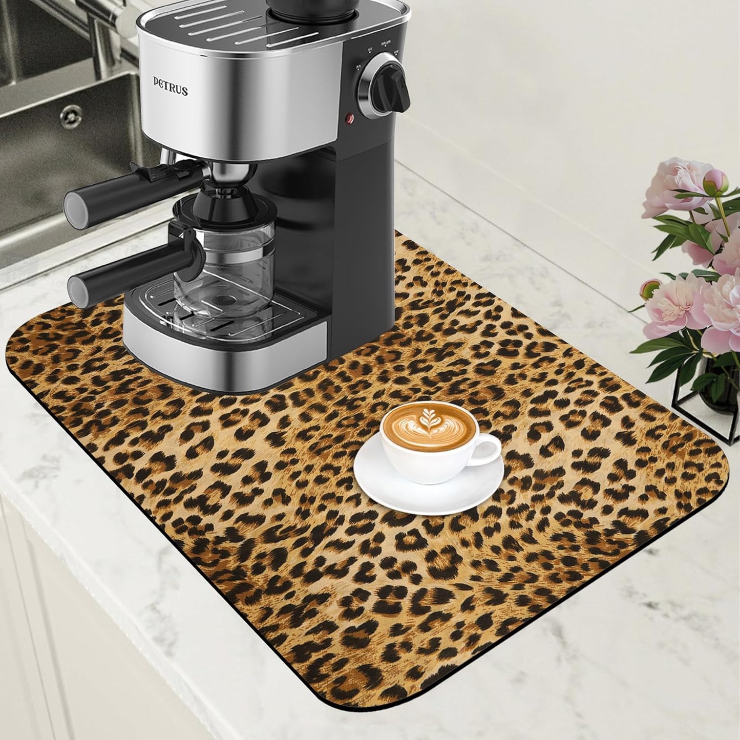 Leopard Print Dish Drying Mat for Kitchen Counter Coffee Bar Mat Hide Stain Absorbent Rubber Backed Coffee Maker Espresso Machine Accessories 11.8 x 19.7 Inch