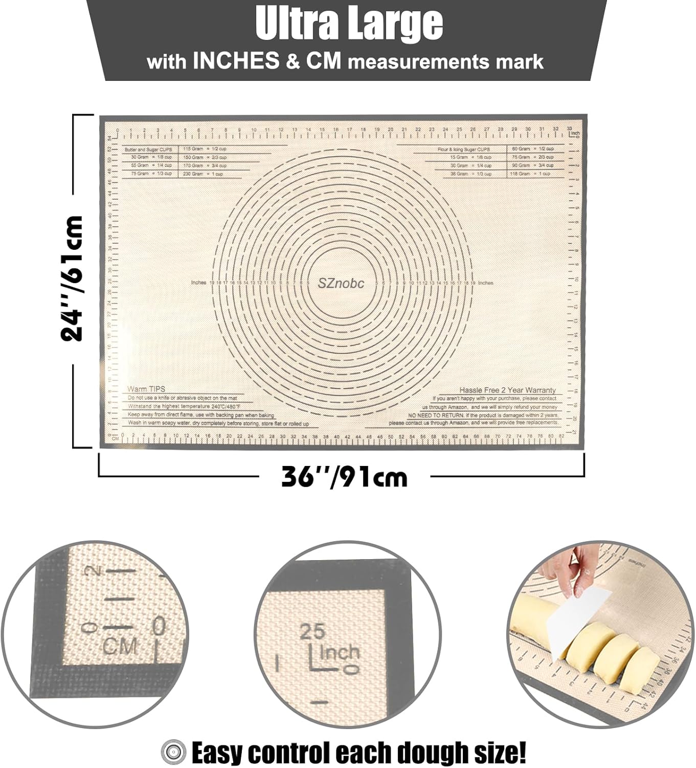 Silicone Pastry Mat 36x24 Inch Nonstick Baking Mat Perfect for Dough Mat, Pastry Board, Kitchen Counter Mat - For Dough, Pastry, Pie Crust, Fondant, Cookies, Bread, Pasta/Pizza, Grey
