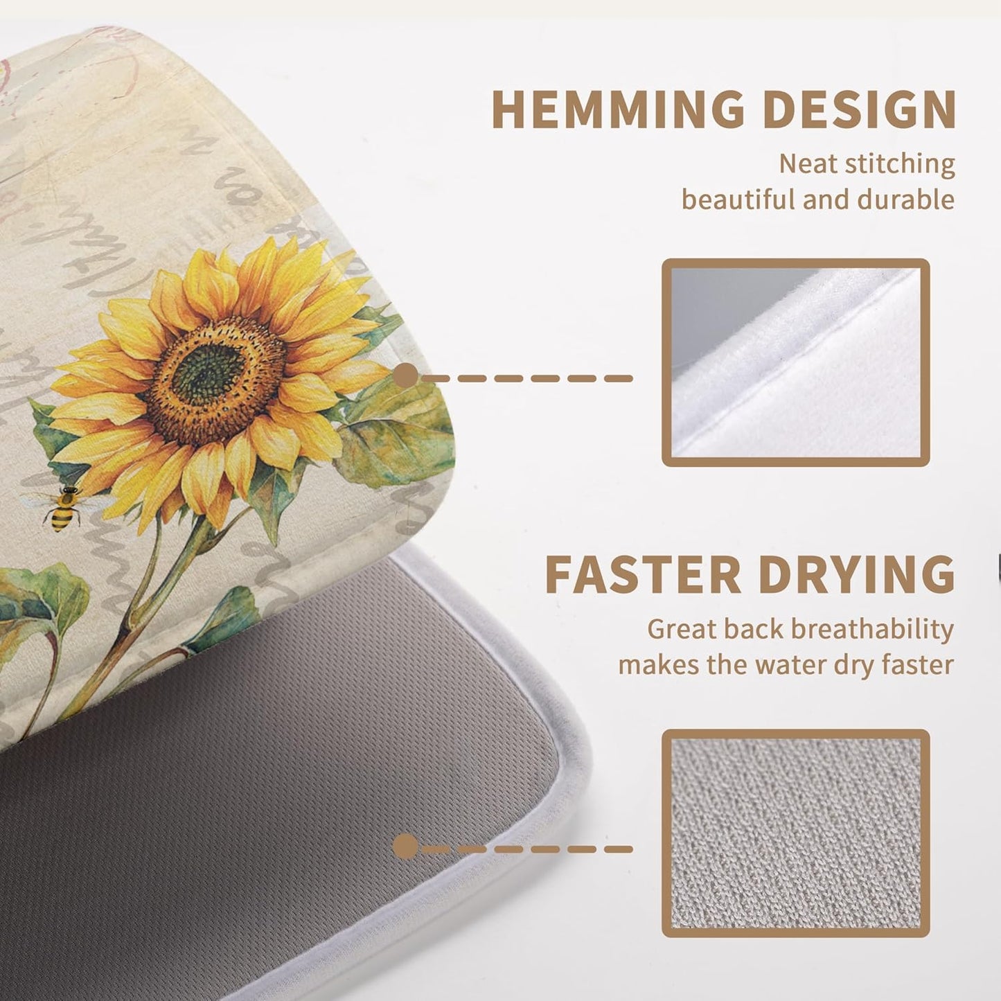 Spring Summer Dish Drying Mat Sunflower Kitchen Dish Drying Pad Absorbent Vintage Drying Mat for Countertops Dish Dryer Mat Microfiber Dishes Drainer Pad Dish Drying Rack Mat (18x24 in)