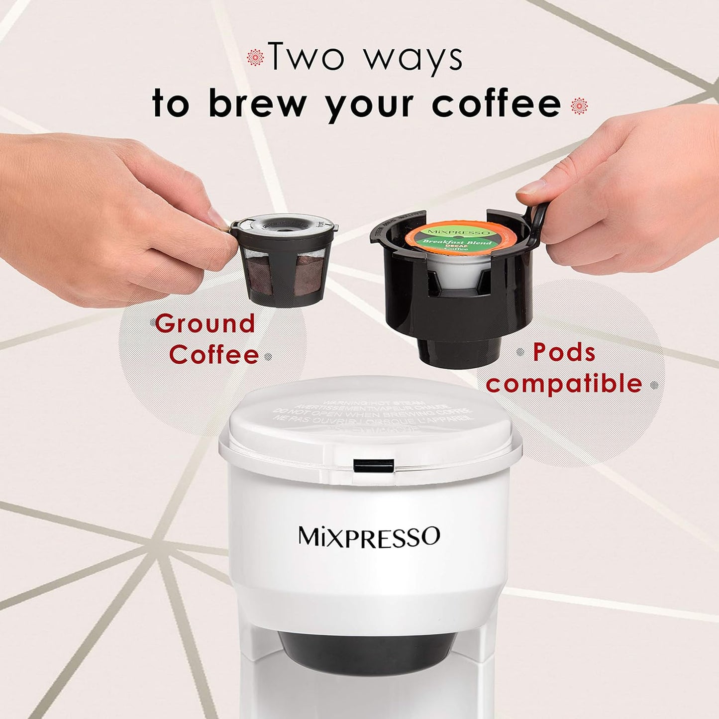 Mixpresso 2 in 1 Brewer Single Serve Coffee Maker for K Capsule and Ground Coffee, Single Cup Coffee Machine, Compact Size Mini Coffee Maker Quick Brew Technology 14oz White One Cup Coffee Brewer
