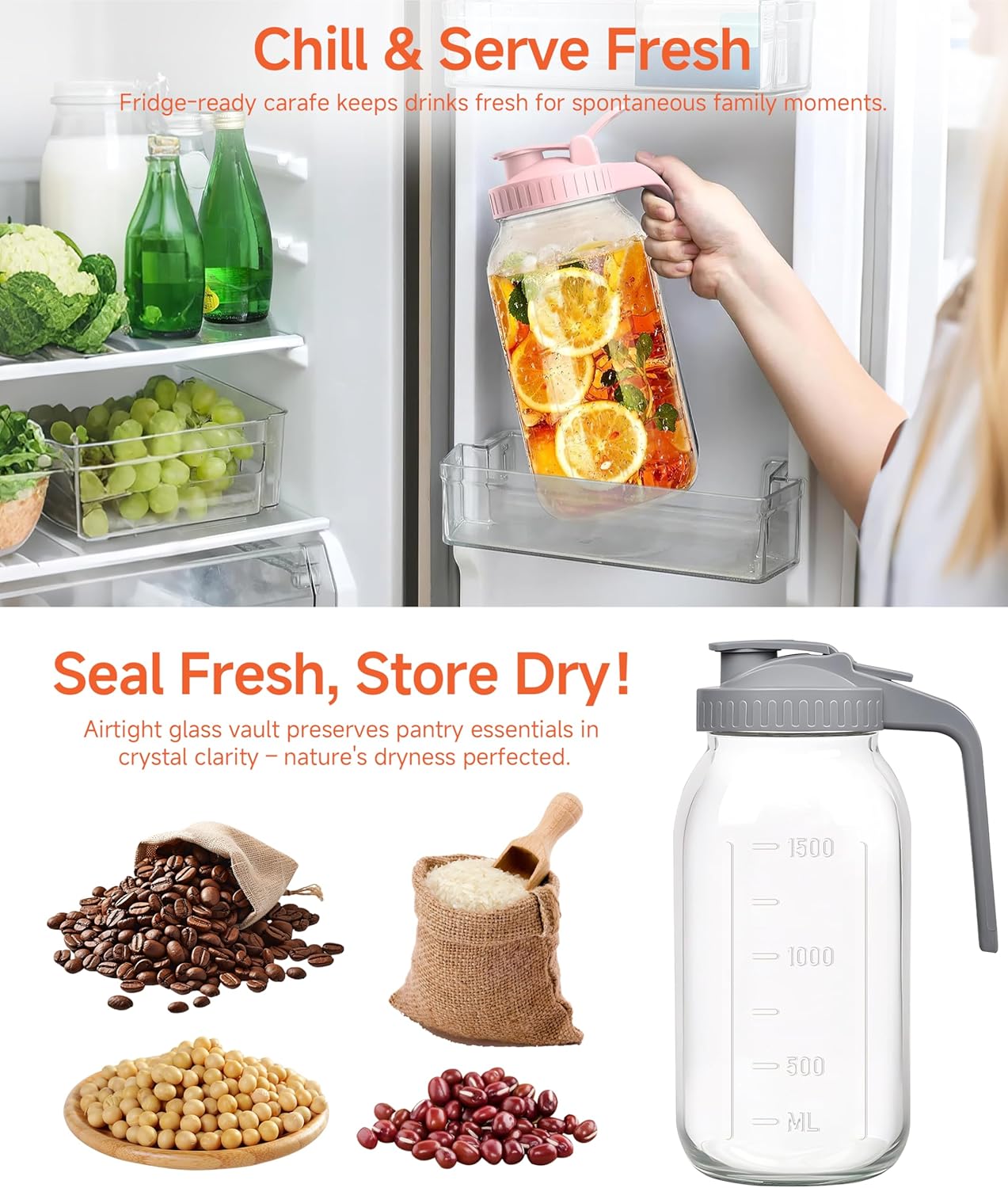 2 Quart Wide Mouth Glass Pitcher with Lid, 64oz Mason Jar Pitcher, Leak-proof Iced Tea Pitcher,Heavy Duty Container for Fridge Sweet Tea,Juice,Cold Brew Coffee,Breastmilk Storage Drinks-1PACK/Gray