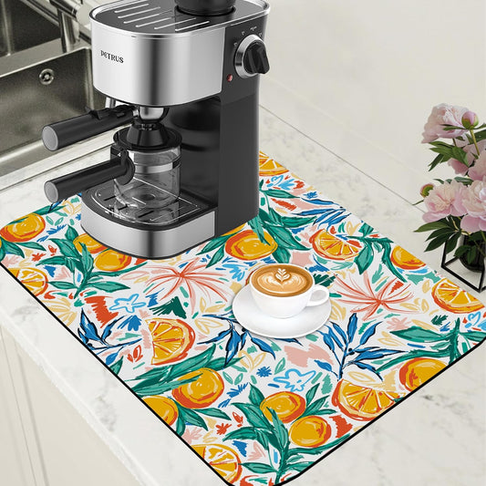 Dish Drying Mat Fruit Orange and Leaves Coffee Bar Mat for Countertop Absorbent Coffee Mat Rubber Backed Hide Stain Dish Drainer Rack Mat Coffee Maker Coffee Pot Dining Room Decor 15.7 x 23.6 Inch