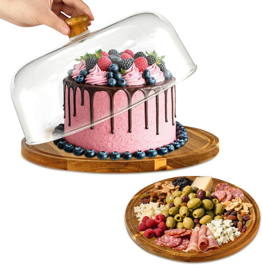 Wood-Cake-Stand With Acrylic Dome Lid, Round Wooden Cake Holder Plate With Cover, 2-in-1 Dessert Table Display Set For Party, Charcuterie Board For Cheese, Chips & Dips, Nachos, Fruit Platter