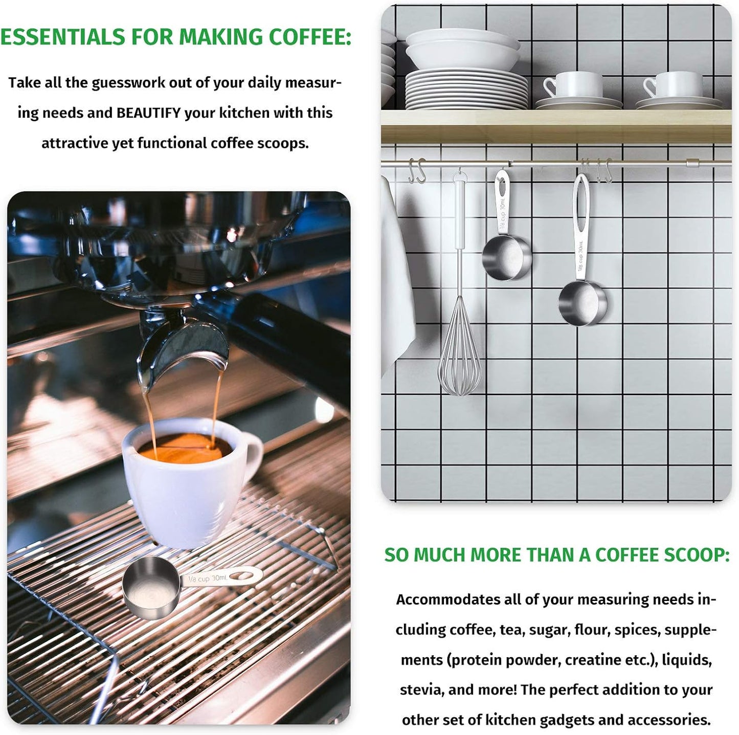 Geiserailie 4 Pcs Coffee Scoop 2 Tablespoon Stainless Steel Coffee Measuring Scoops, Including 2 Short Handled 2 Long Handle for Tea, Sugar and Milk, 30 Ml,1/8 Cup