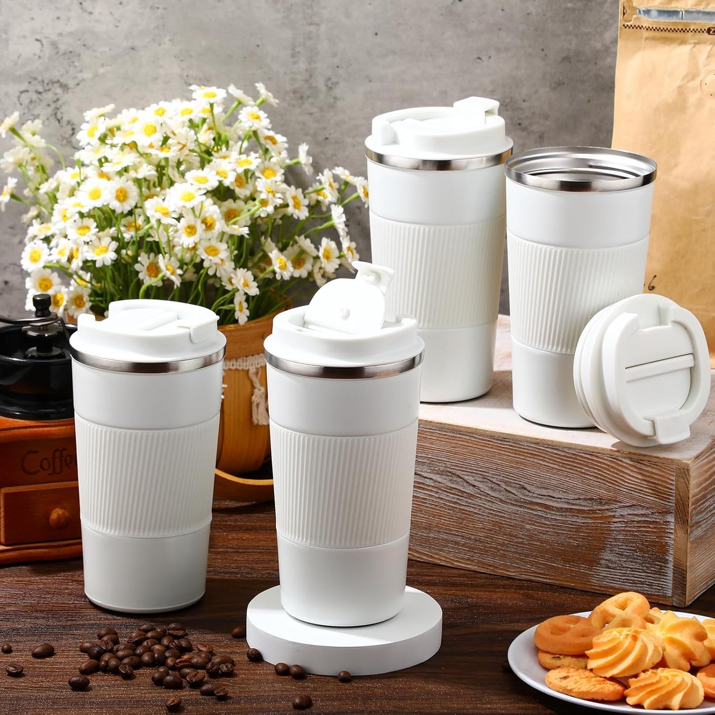 Sabary 4 Pack 16 oz Bulk Travel Coffee Mug with Lid Reusable Vacuum Insulated Coffee Tumbler Double Wall Thermal Stainless Steel Camping Tea Cup for Christmas Winter Drinks Employee Gift(White)