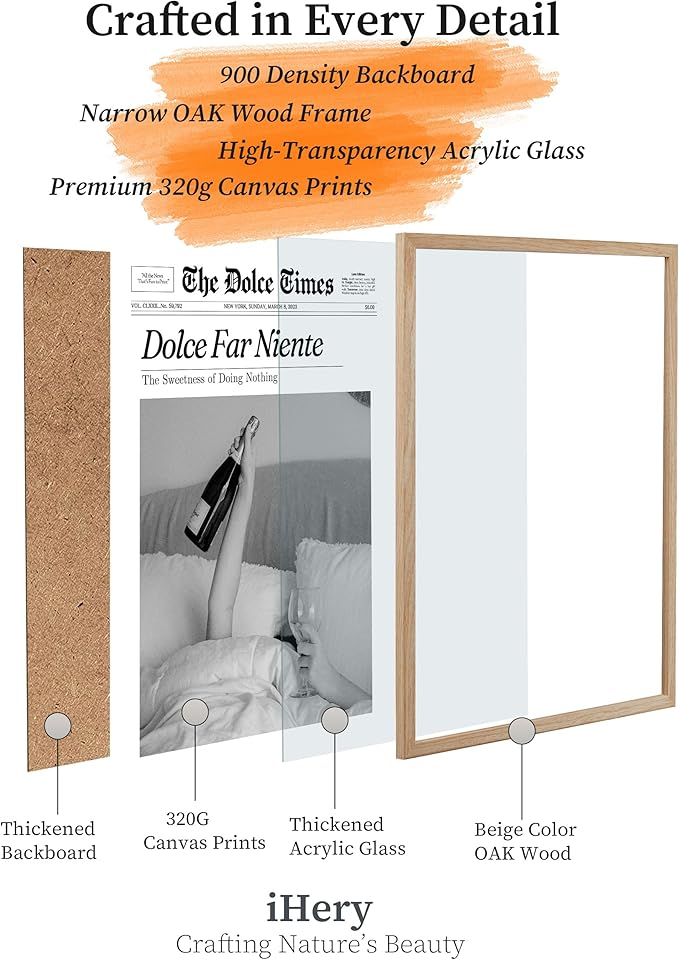 iHery Small Dolce Far Niente Framed Trendy NewsPaper Wall Art, Natural OAK Wood - Image 4