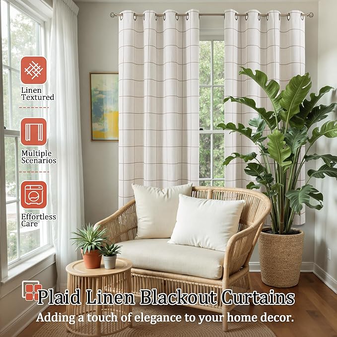 Lajode Brown Plaid Linen Blackout Curtains - Image 2