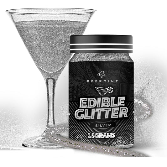 BeePoint Silver Edible Glitter for Drinks 15g - Food Grade, Vibrant Color Shimmer Powdered Dust for Drinks, Cocktails, Cake Decorating, Baking, Chocolates, Candy, Sweets, & Cookies - Vegan & Gluten Free