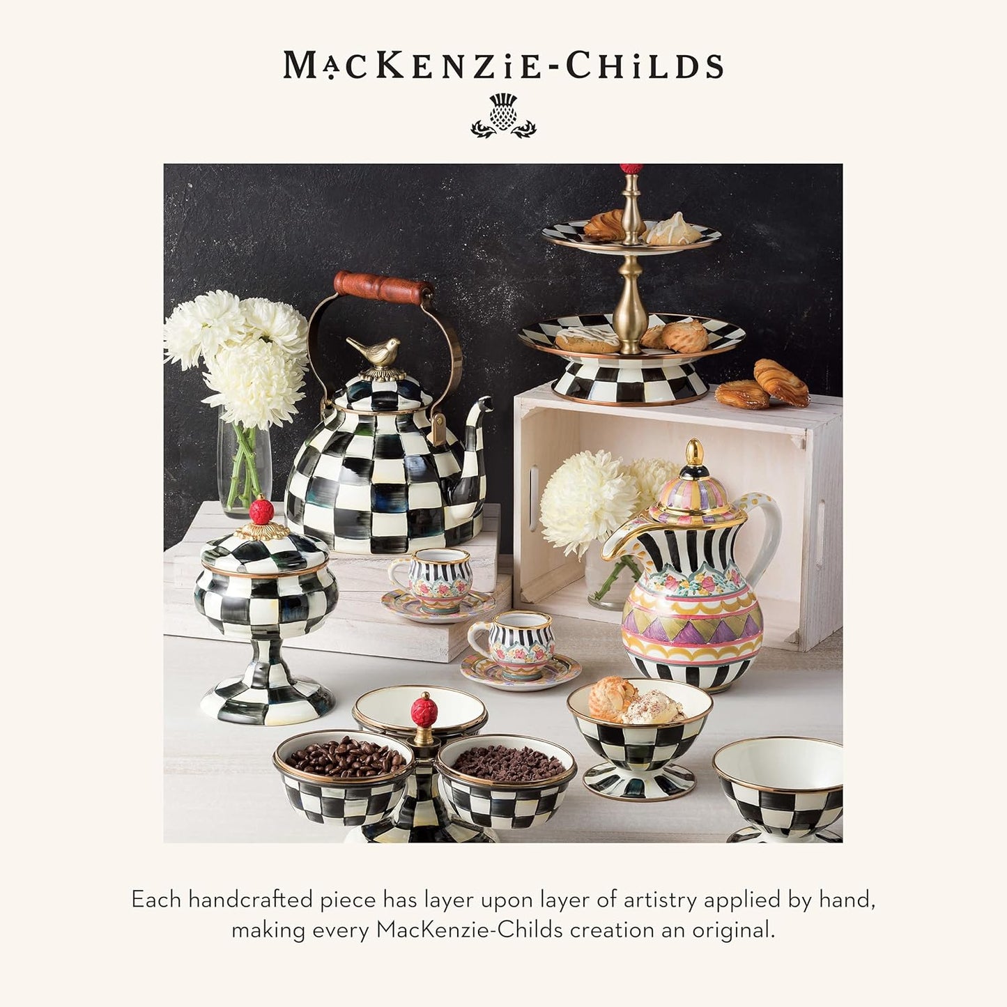 MACKENZIE-CHILDS Enamel Squashed Pot, Cute Enameled Container with Lid, 20 Ounces, Black-and-White Courtly Check