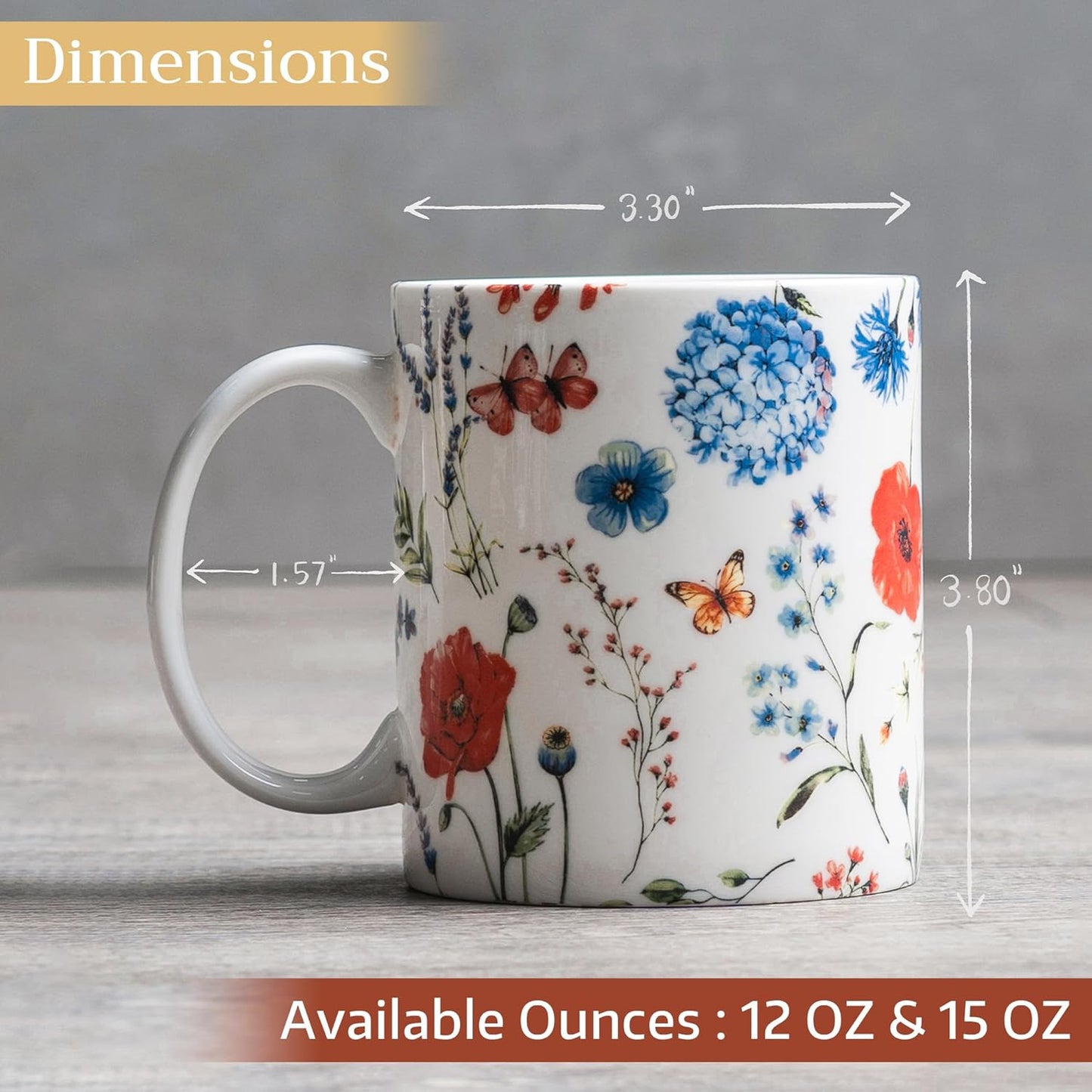 Maison d' Hermine Coffee Mug with Handles Fine Bone China Mugs Pack of One Tea Cups for Hot Beverages Cappuccino Latte Home Restaurant Office Perfect for Gift (Just Floral - Poppies Always, 15 Ounce)