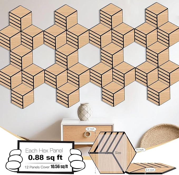 Mollywell Acoustic Panels, PVC Wood-Grain, 14x12 Inch Hexagon Carved Sound - Image 2