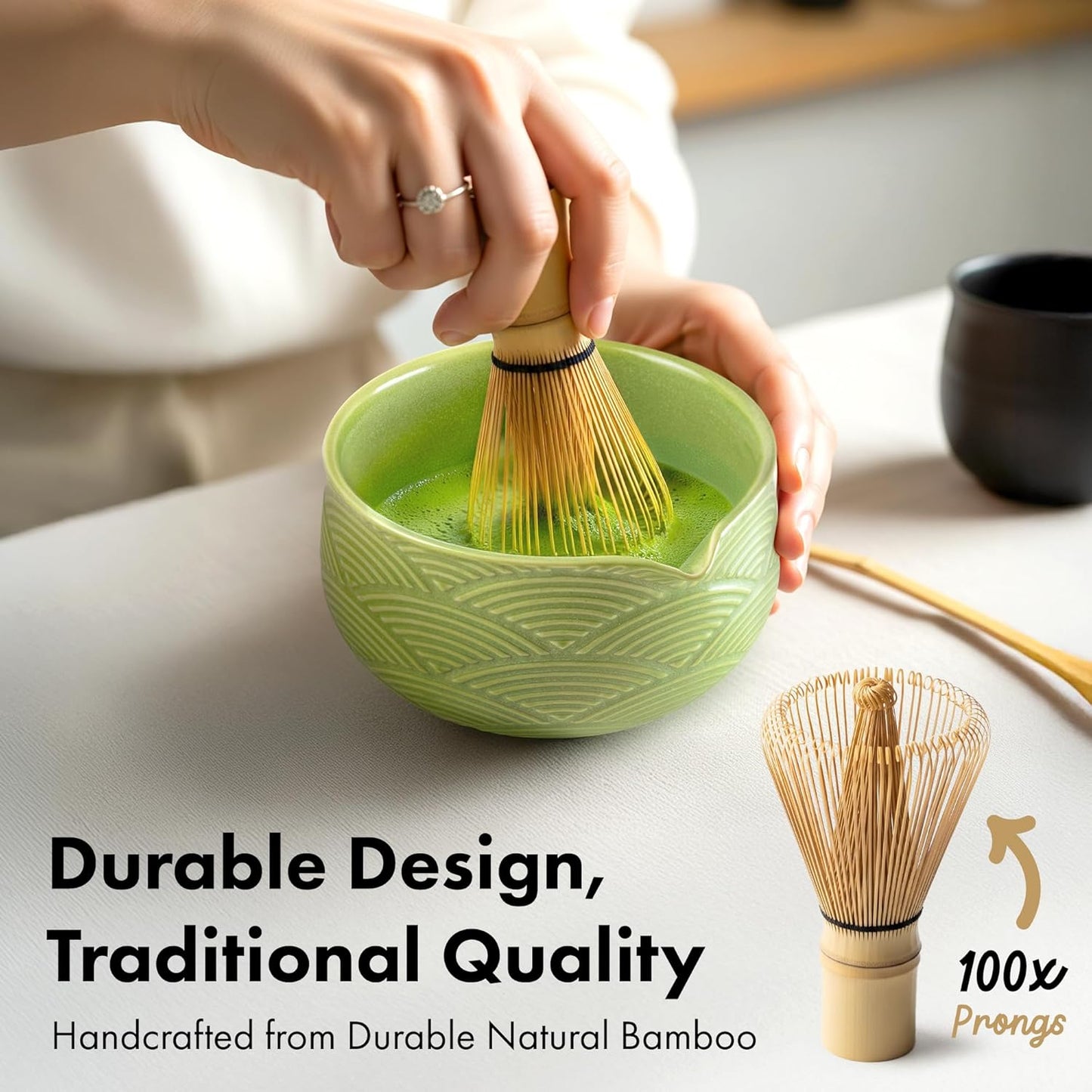 Matcha Whisk Set (7 Pcs) - Complete Matcha Set, Matcha Bowl with Spout, Whisk with Holder, Bamboo Scoop with Rest and Sifter, Perfect Kit for Matcha Lovers (Green Mist)