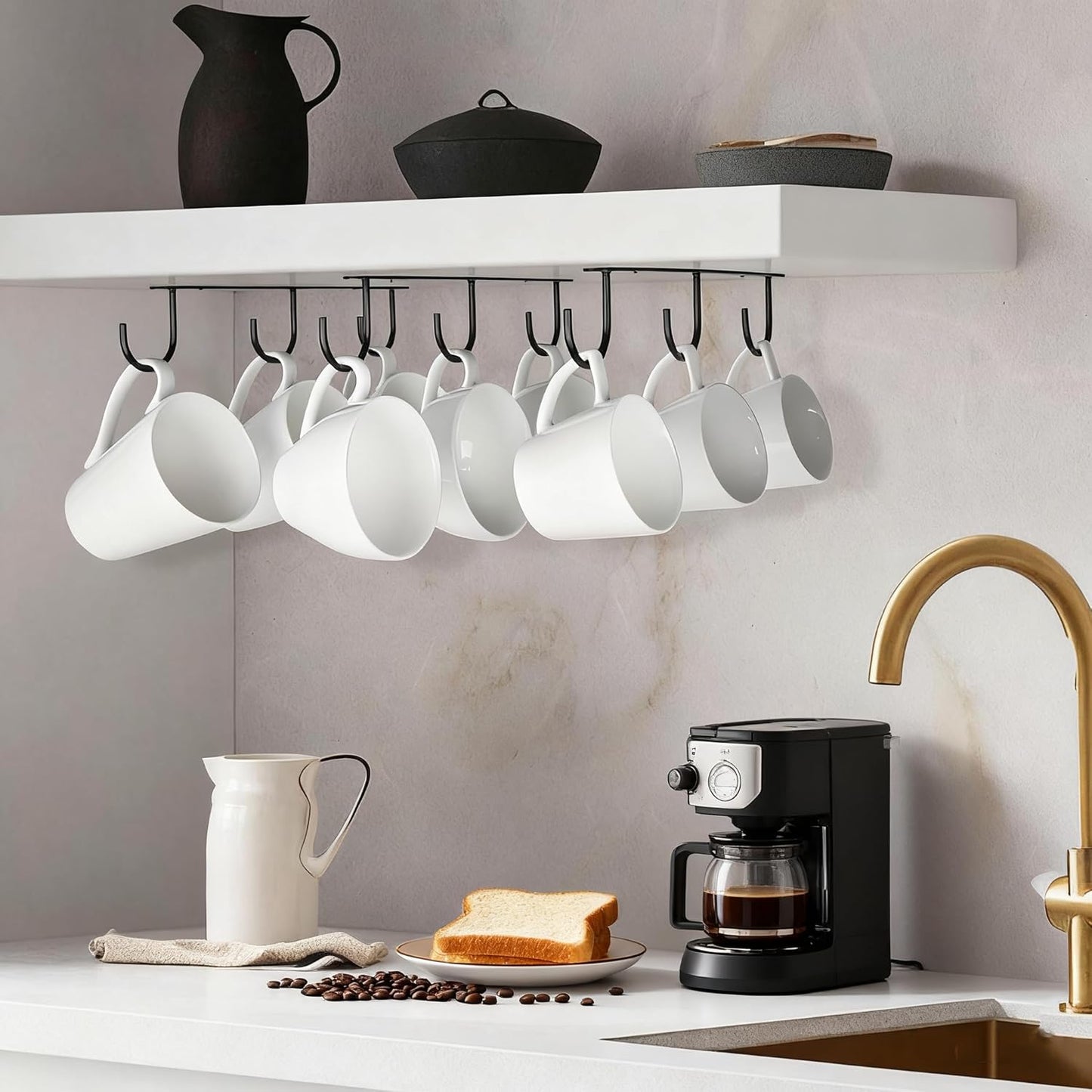 3pcs Under Cabinet Mug Hooks,Adhesive/Screw 2 Ways Install Mug Holder,Coffee Cups Hook with 9 Hooks,Mug Organizion Rack for Displaying Mugs/Cups/Kitchen Utensils (Black)