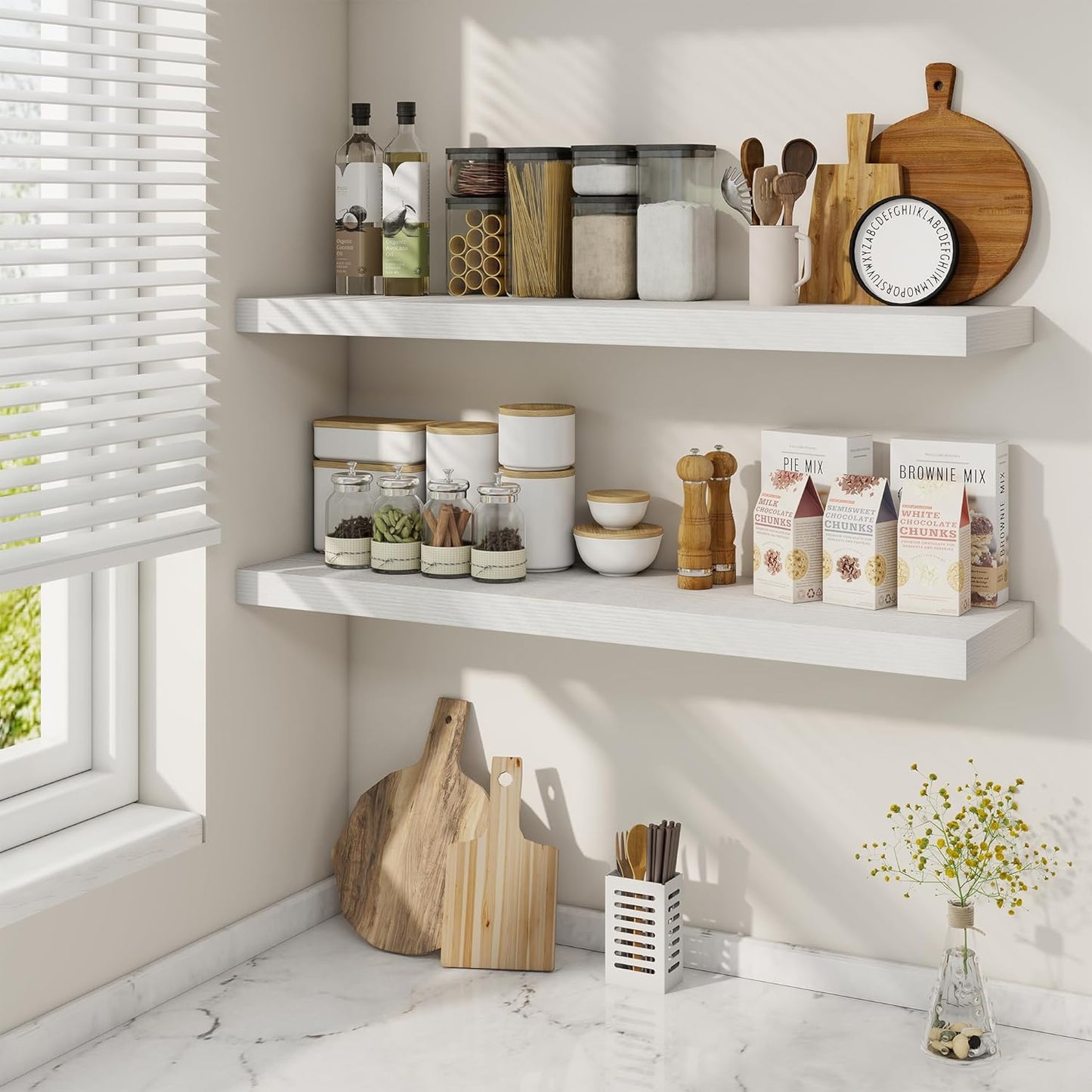 36 Inch Floating Shelves, 9.3 Inch Deep Rustic Wall Shelves - Extra Deeper Wall Mounted Storage Shelves for Bathroom, Kitchen, Living Room (White, Set of 2)