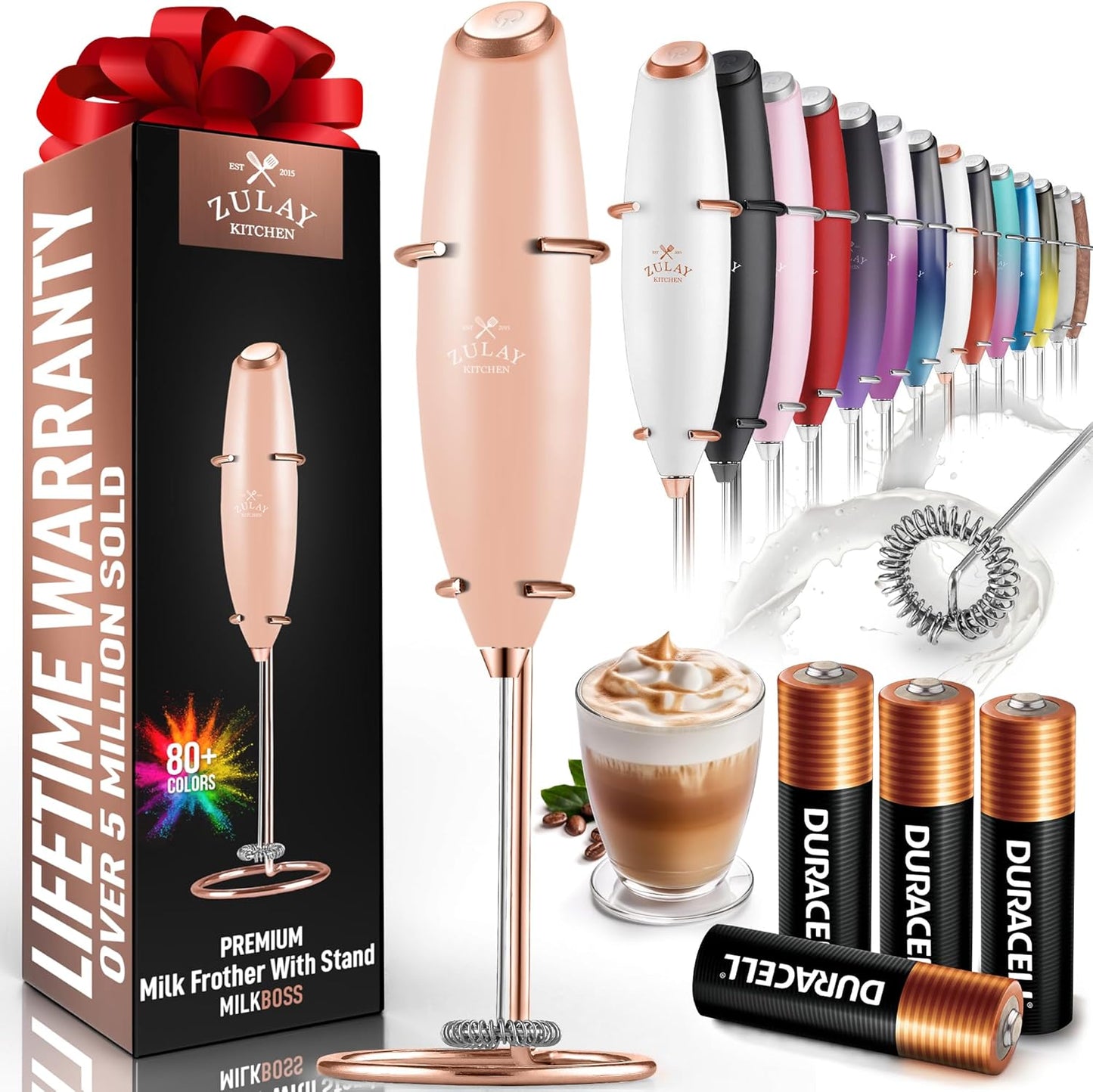 Zulay Kitchen Powerful Milk Frother Wand With 4 AA Duracell Batteries - Ultra Fast Handheld Drink Mixer - Electric Whisk Foam Maker for Coffee, Lattes, Cappuccino, Matcha & Creamer