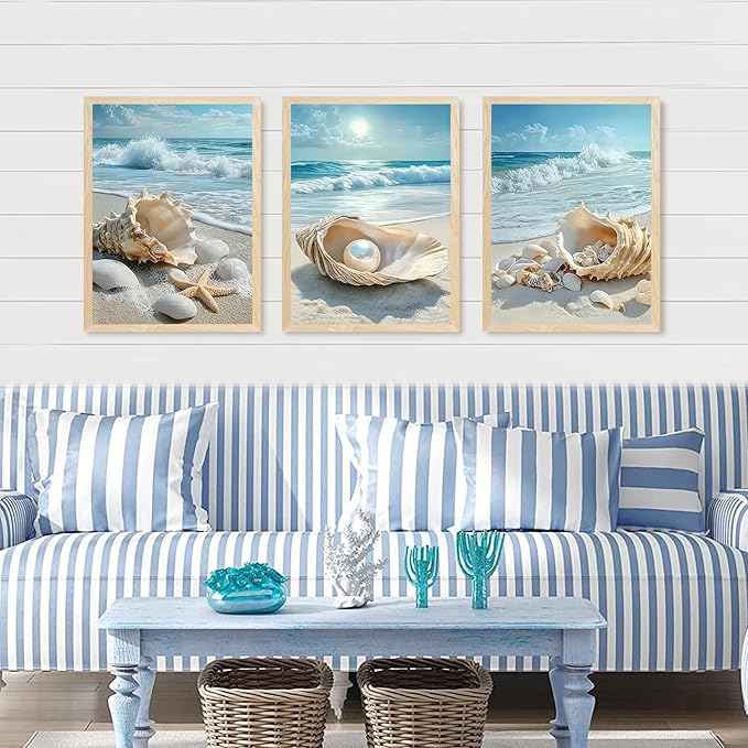 SYWENNOI 3 Piece Wood Framed Beach Wall Art, Sandy Shore, Pearl in Shell - Image 2