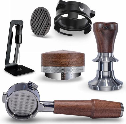 Espresso Tools Kit for Breville 54mm Machines – Walnut Handle Naked Portafilter, Spring Tamper, Coffee Leveler, Dosing Ring, Puck Screen & WDT Needle Tool