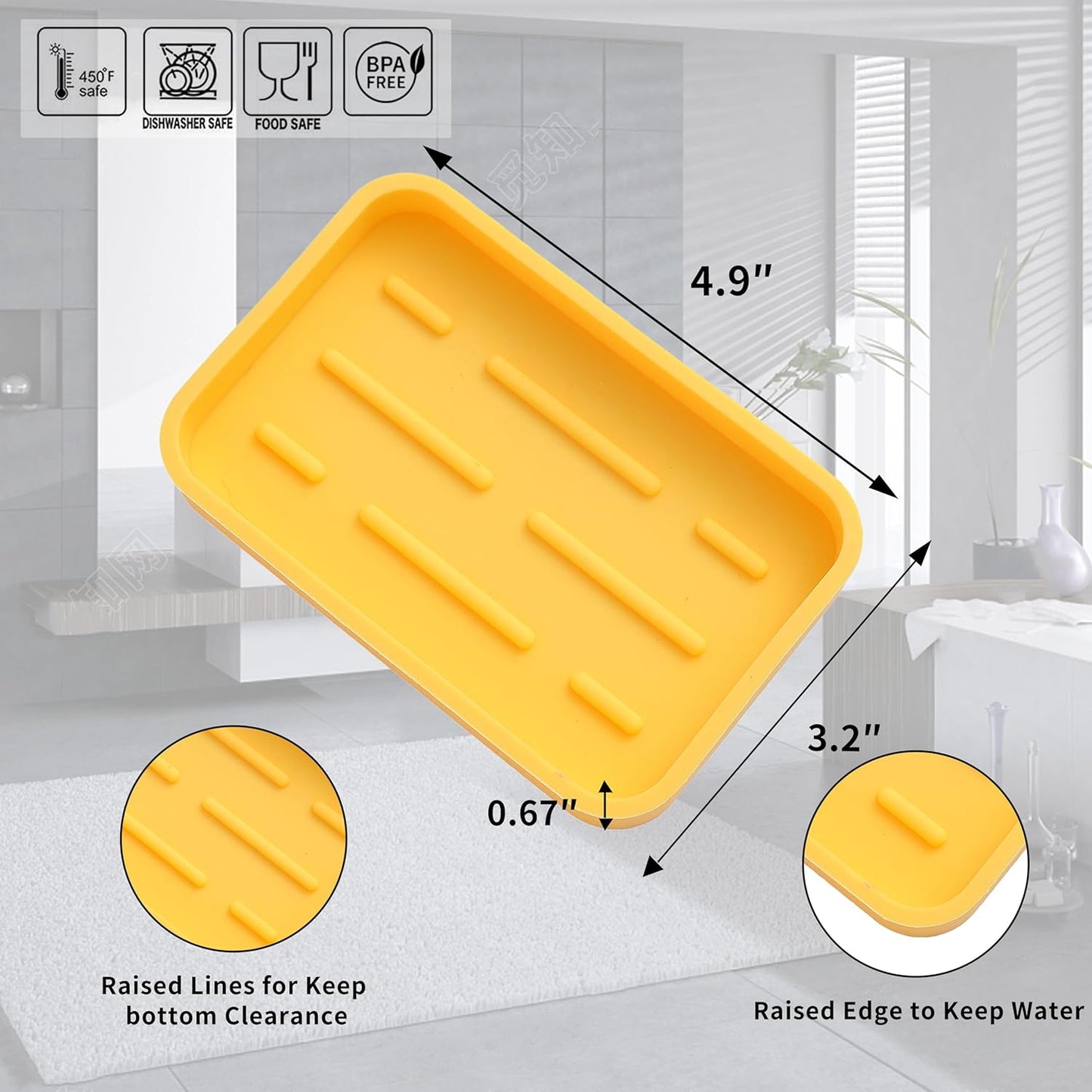 Silicone Kitchen Sink Organizer Tray for Multiple Usage,Easy Clean Sponges Holder for Kitchen Bathroom Counter or Sink,Dish Soap Dispenser,Scrubber,Bottle,Cup Yellow 4.9”x 3.2”