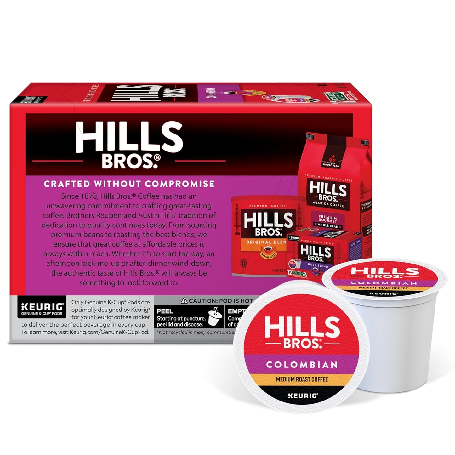 Hills Bros. Colombian Blend Keurig K-Cup Pods for Keurig Brewers – Medium Roast Premium Arabica Blend, Kosher – 1 Pack of 12 Single Serve Pods