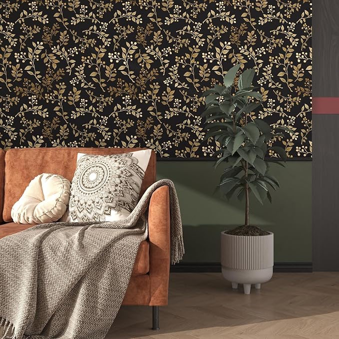 Dark Floral Peel and Stick Wallpaper, Vintage Gold Leaf Self-Adhesive Contact - Image 2
