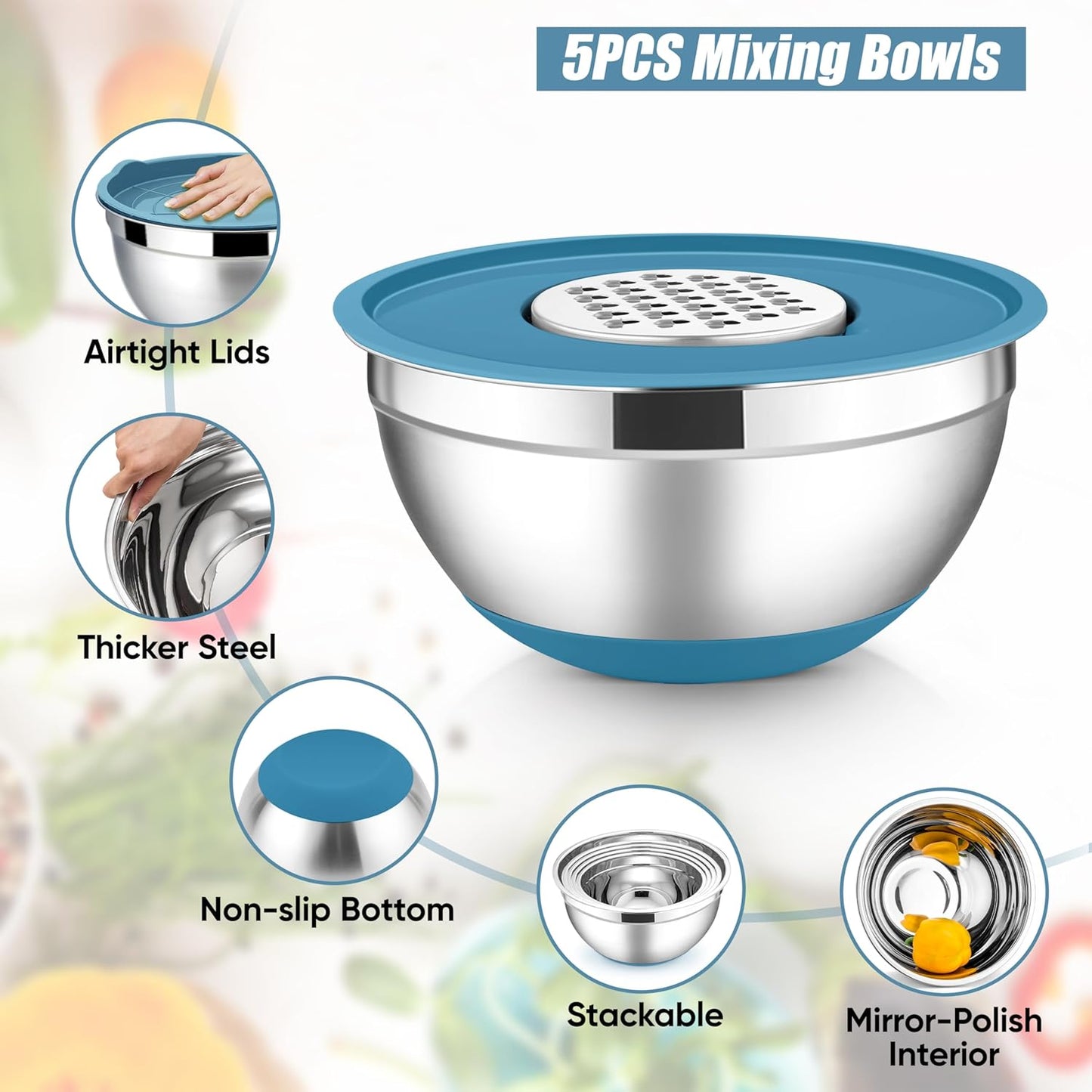 E-far Stainless Steel Mixing Bowls with Lids Set, 5-Piece Nesting Salad Bowls with 3 Grater Attachments and Non-Slip Bottoms, Size 4.6, 2.6, 2, 1.5, 1QT for Kitchen (Blue)