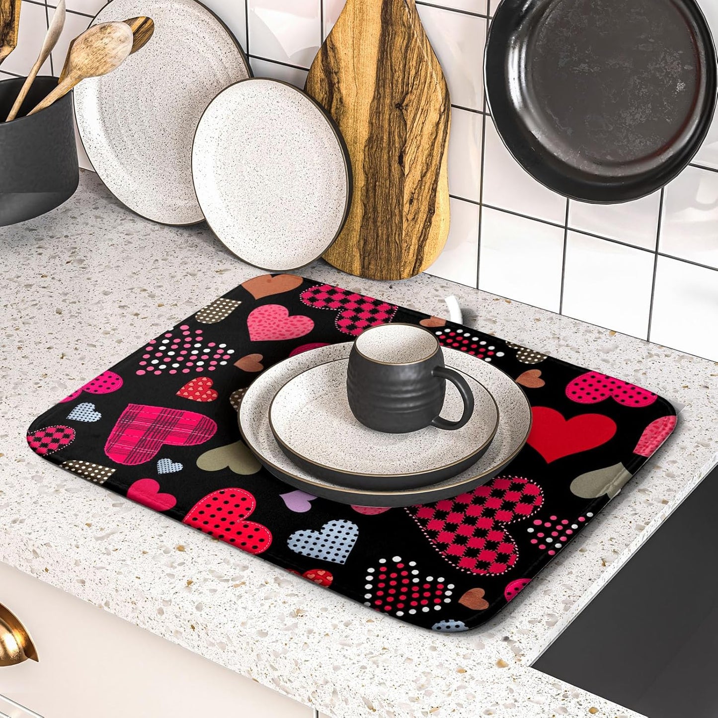 Happy Valentine's Day Black Dish Drying Mat for Kitchen Counter,Pink Love Heart Drying Mat 16 x 18 Inch with High Absorbent Microfiber Drainer Mat for Coffee Bar