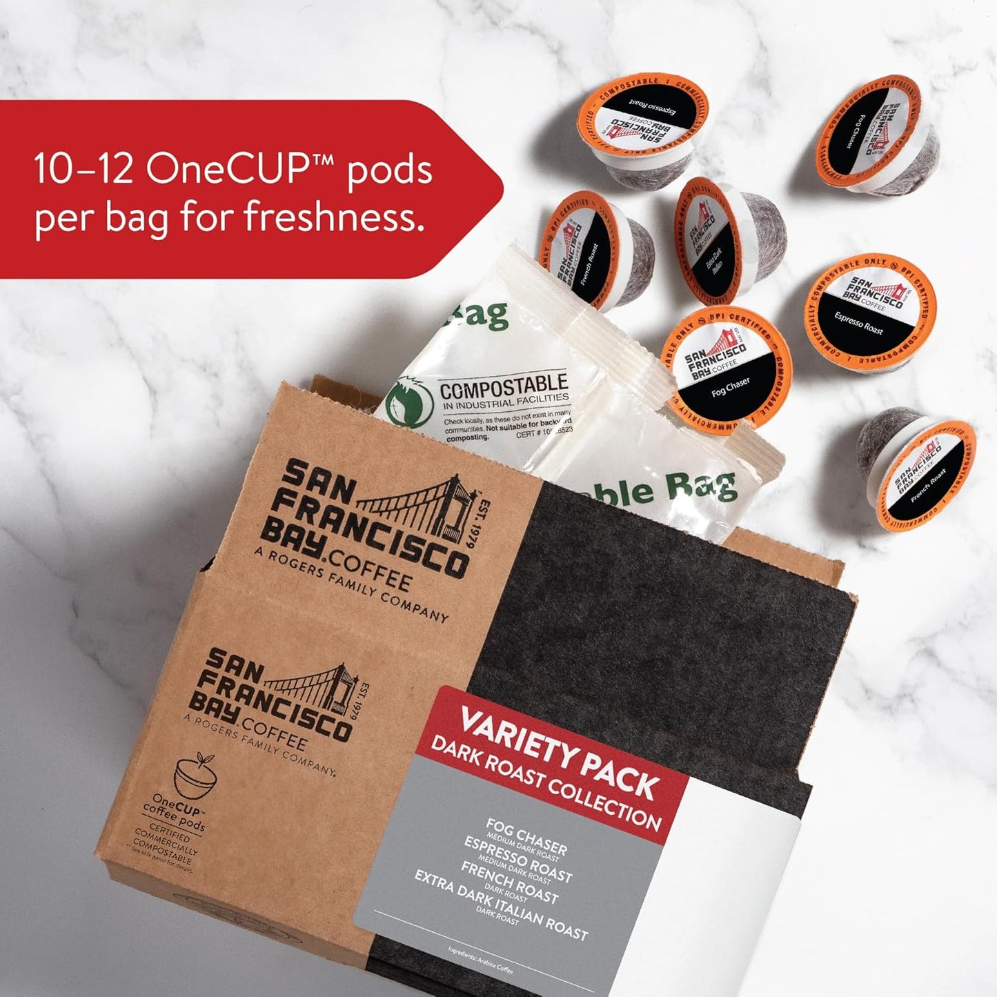 San Francisco Bay Coffee - Dark Roast Variety Pack (40 ct) - Fog Chaser, Espresso Roast, French Roast, & Extra Dark Italian - Single Serve Coffee Pods, Commercially Compostable, K Cup Compatible