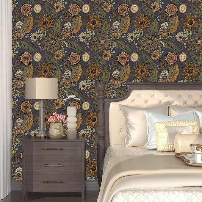 Boho Wallpaper Peel and Stick, Vintage Blue Yellow Floral Contact Paper - Image 2
