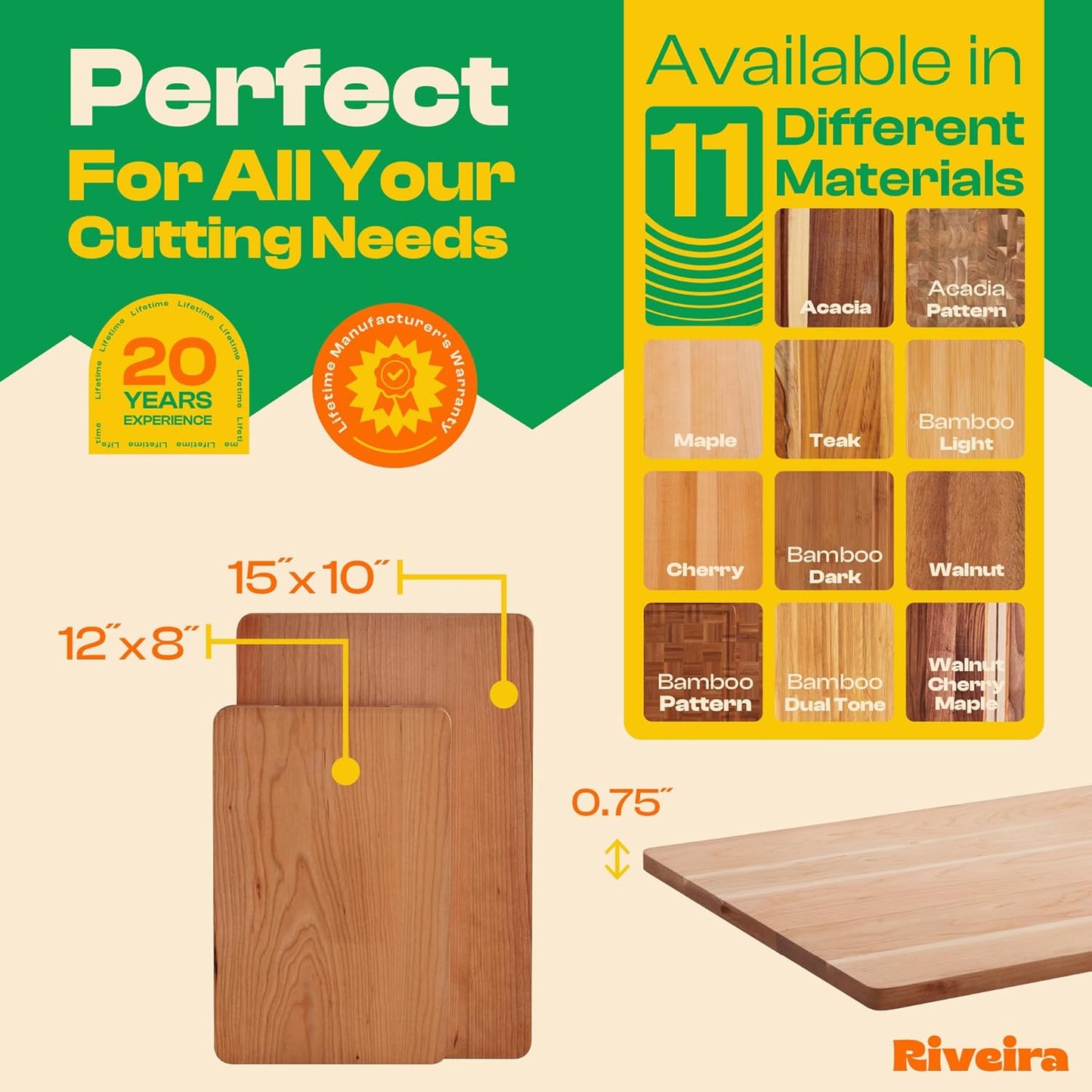 Riveira Cherry Wood Cutting Board – Versatile And Durable: Set Of 2 Pcs Rectangular Wooden Cutting Board – Natural Wooden Cutting Boards For Kitchen – Complete Cherry Wooden Chopping Board