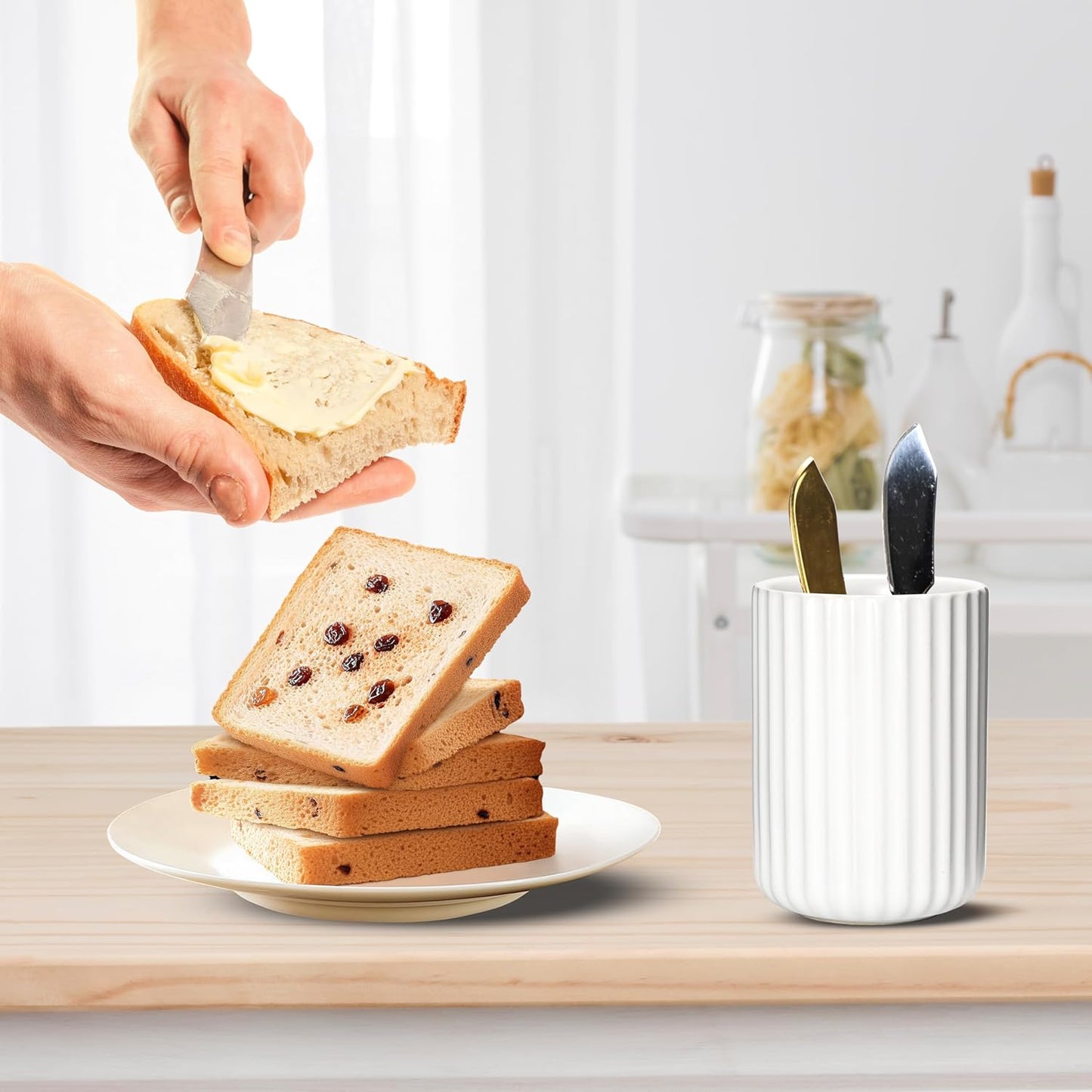 Ceramic Spoon Holder for Coffee Bar, Upright Tea Spoon Holder Cup, Coffee Stirrers Straws Stir Stick Holder, Fish Belly White Fluted Surface