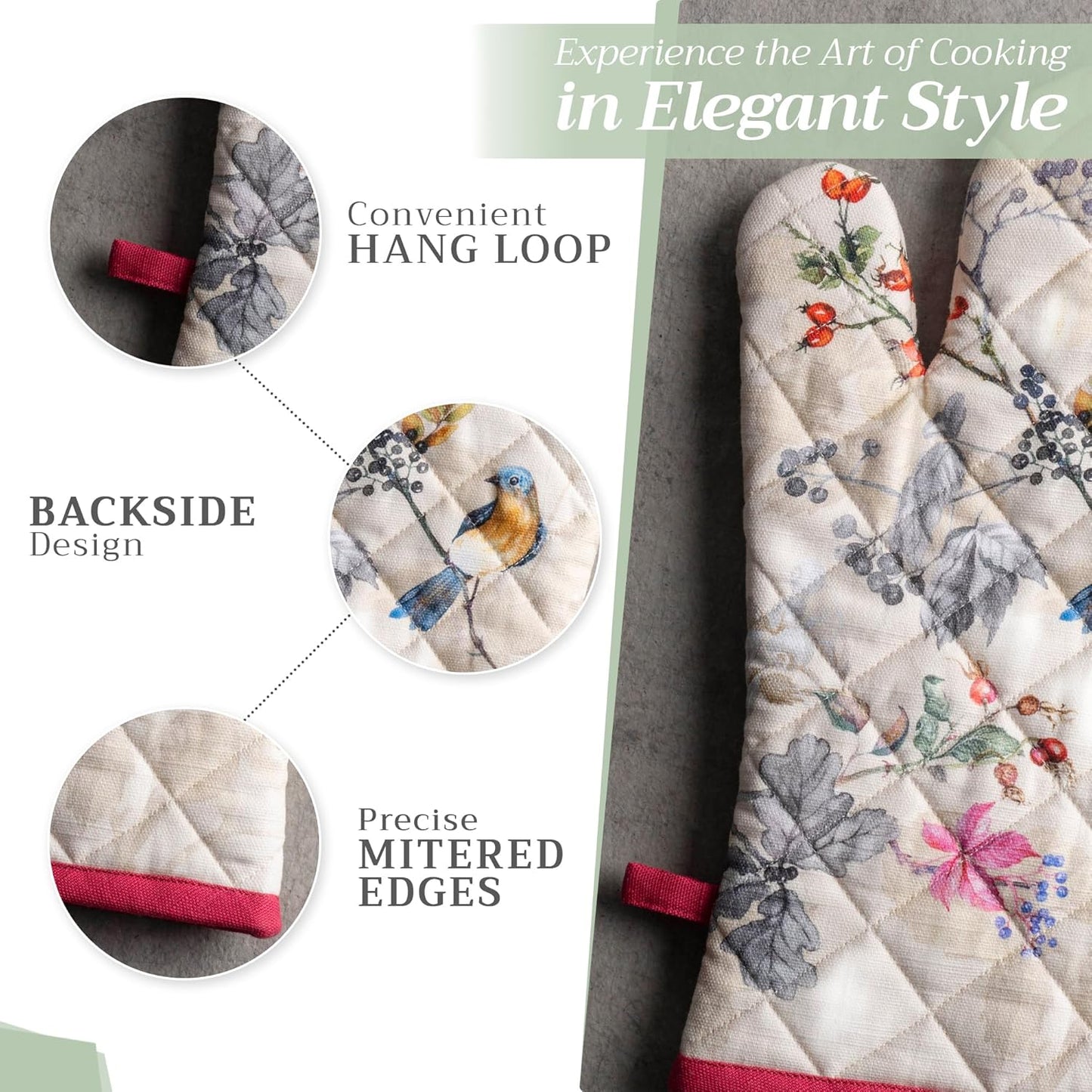 Maison d' Hermine 100% Cotton Oven Mitt & Pot Holder Set (7.5"x13" & 8"x8") Heat Resistant BBQ Cooking Gloves with Loop, Baking, Grilling, Kitchen, Handling Hot Pans (Equinoxe - Beige)